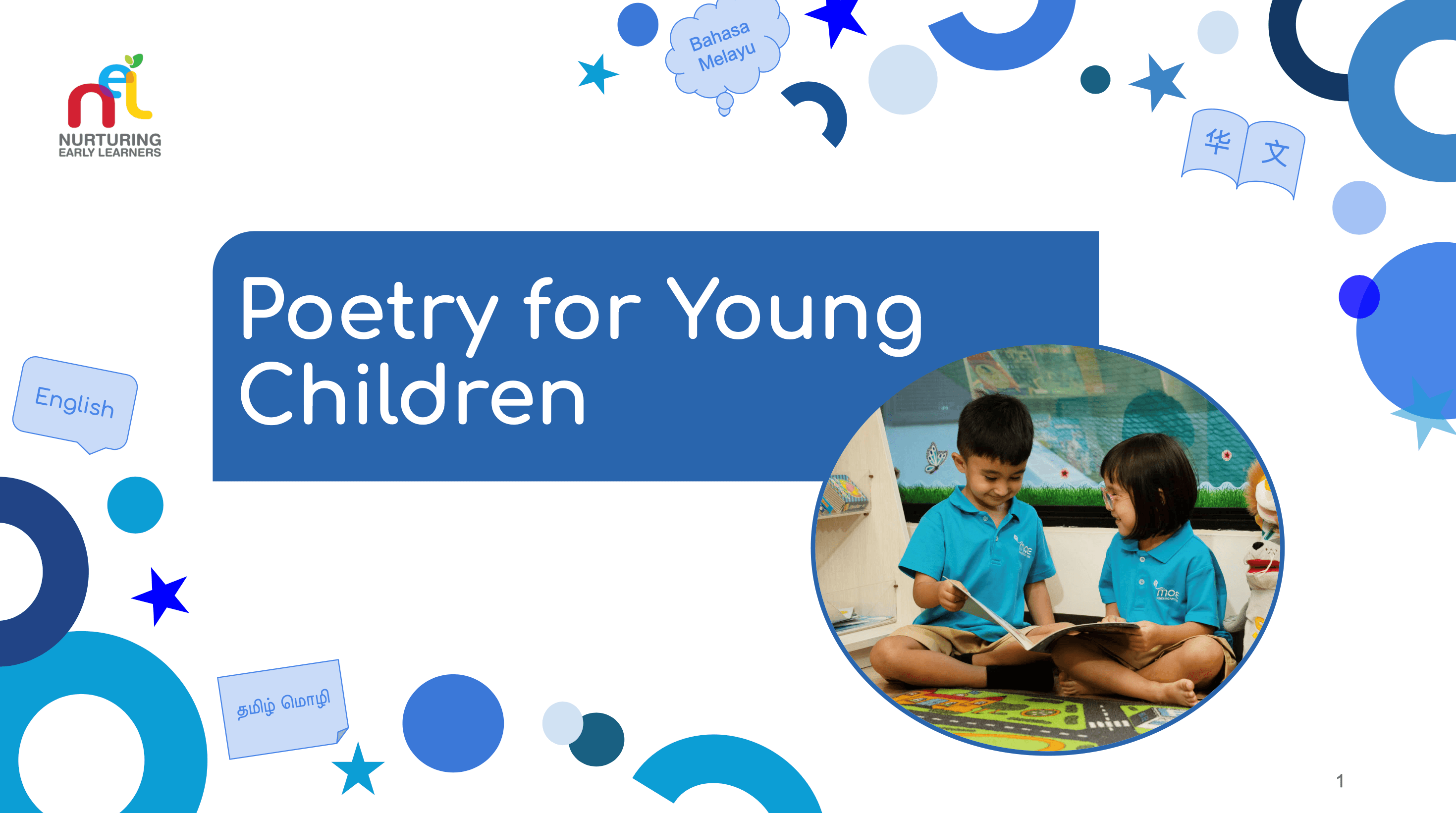 Slides on poetry for young children with image of two children reading a book together